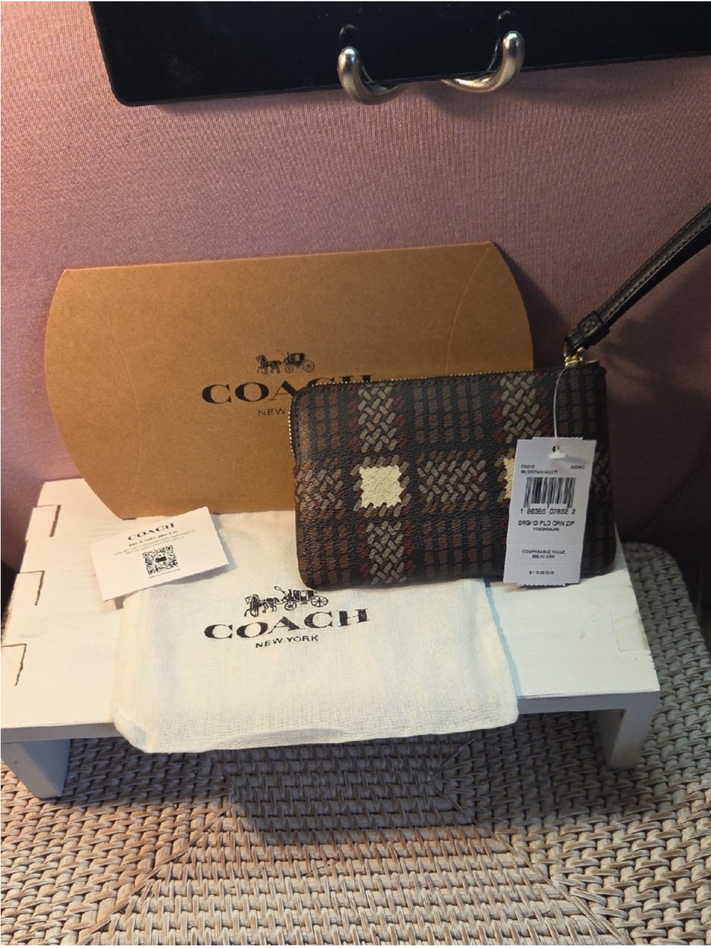 Coach Corner Zip Wristlet with Brushed Plaid Print NWT